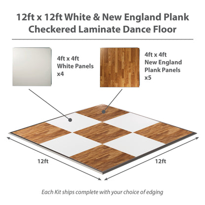 12x12ft checkered laminate dance floor, featuring white and New England plank panels, durable and stylish.