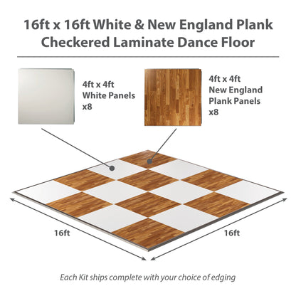 16x16ft checkered laminate dance floor, featuring white and New England plank panels, ideal for events.