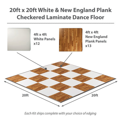 20x20ft checkered laminate dance floor with white and New England plank panels, perfect for events.