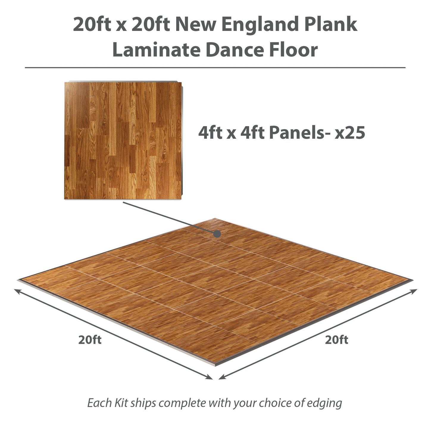 20ft x 20ft New England Plank laminate dance floor with 25 panels, perfect for events and performances.