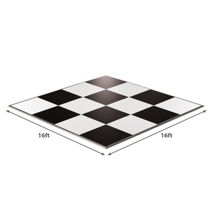 16ft black and white checkered dance floor mat, durable design for events and parties.