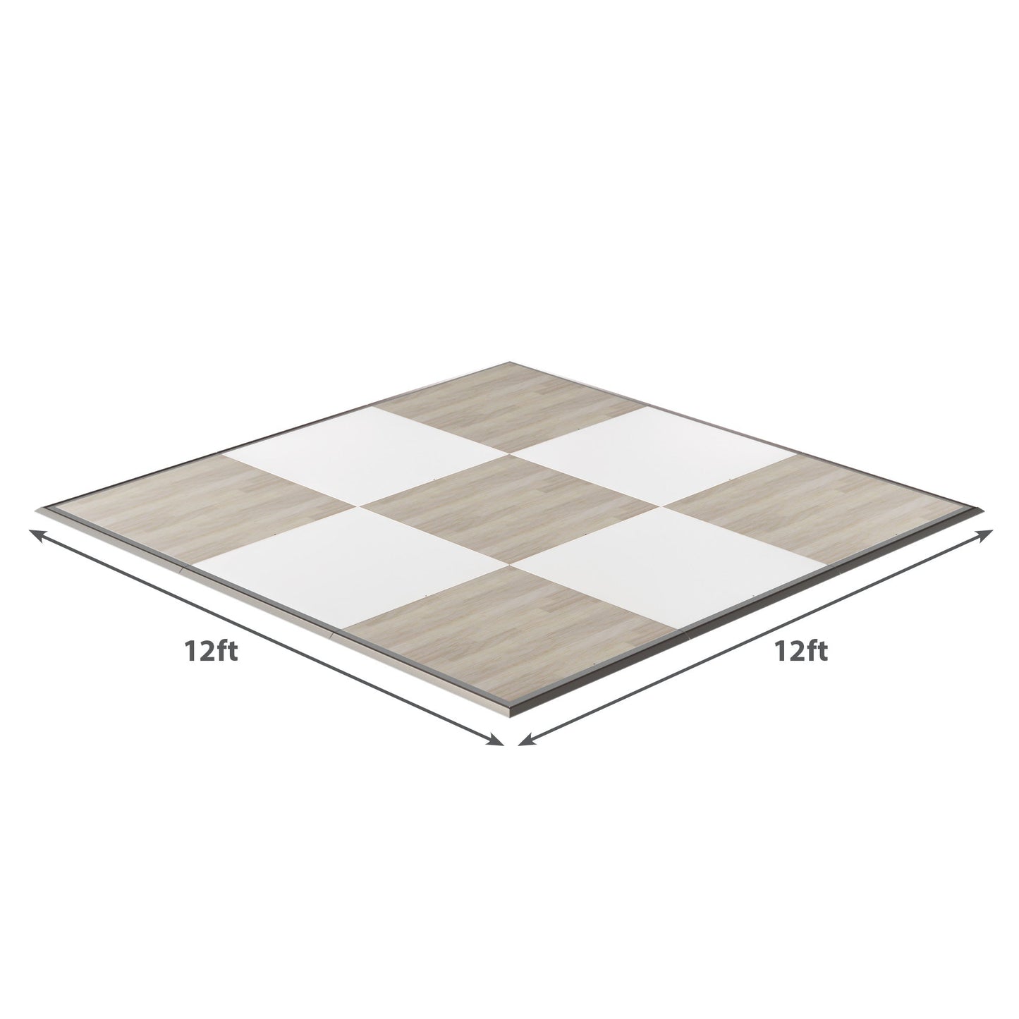 12ft square checkerboard dance floor, featuring wood and white panels for events and parties.