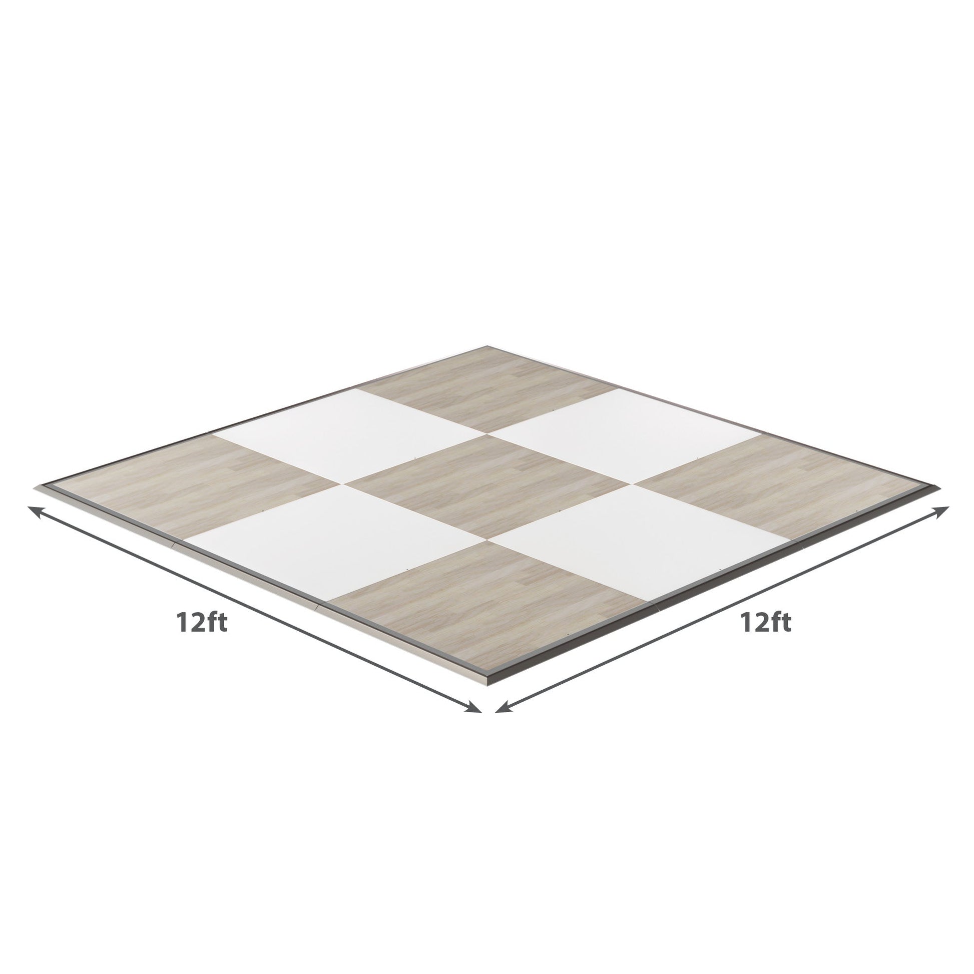 12ft square checkerboard dance floor, featuring wood and white panels for events and parties.