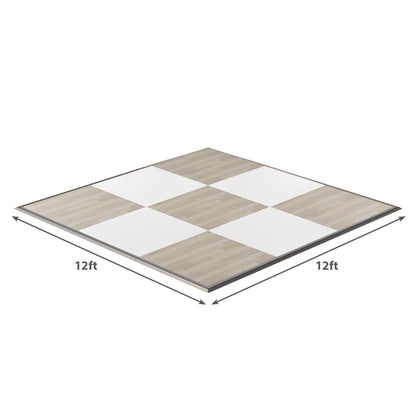 12ft square checkerboard dance floor, featuring wood and white panels for events and parties.