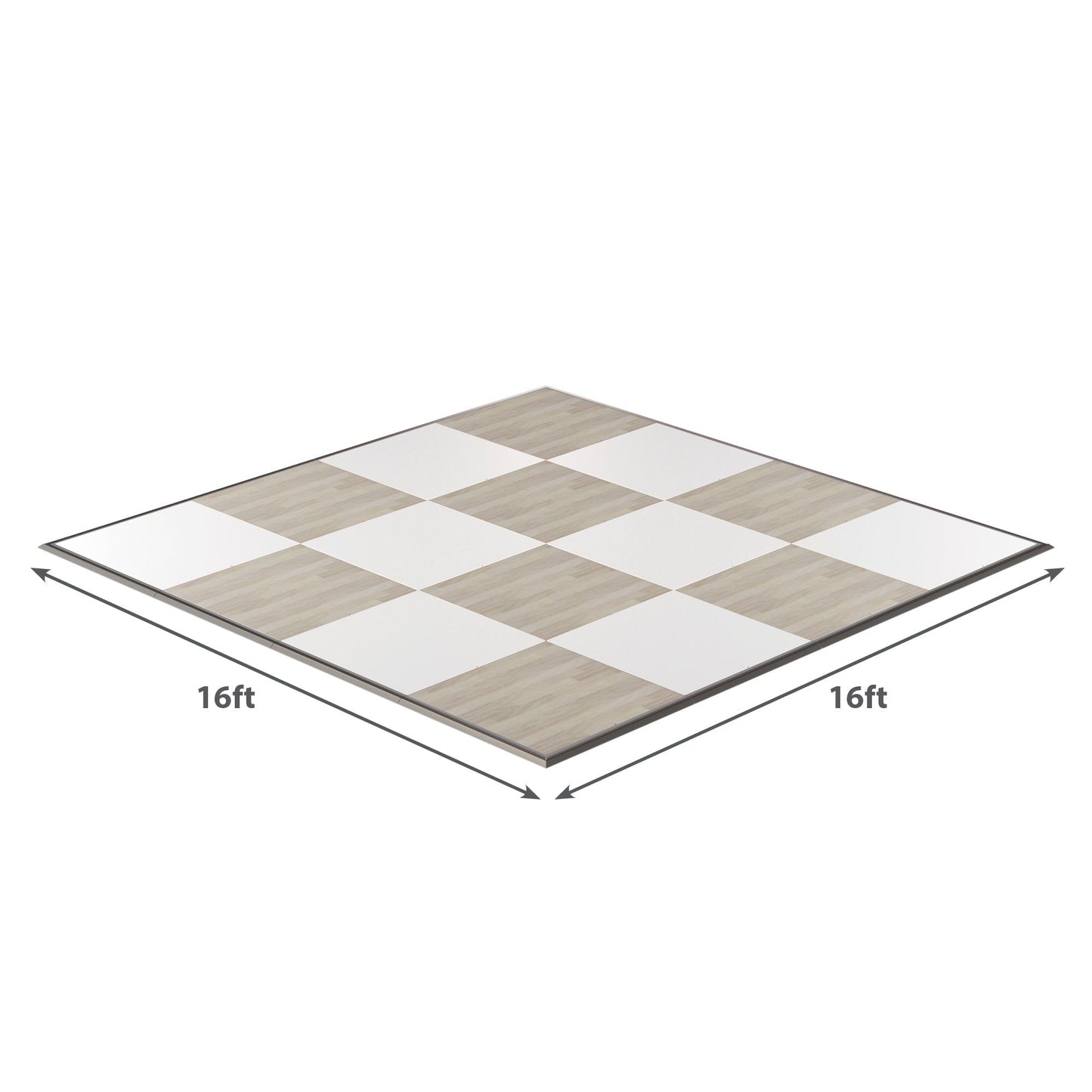 16ft interlocking dance floor tiles, wood and white finish, ideal for events and gatherings.