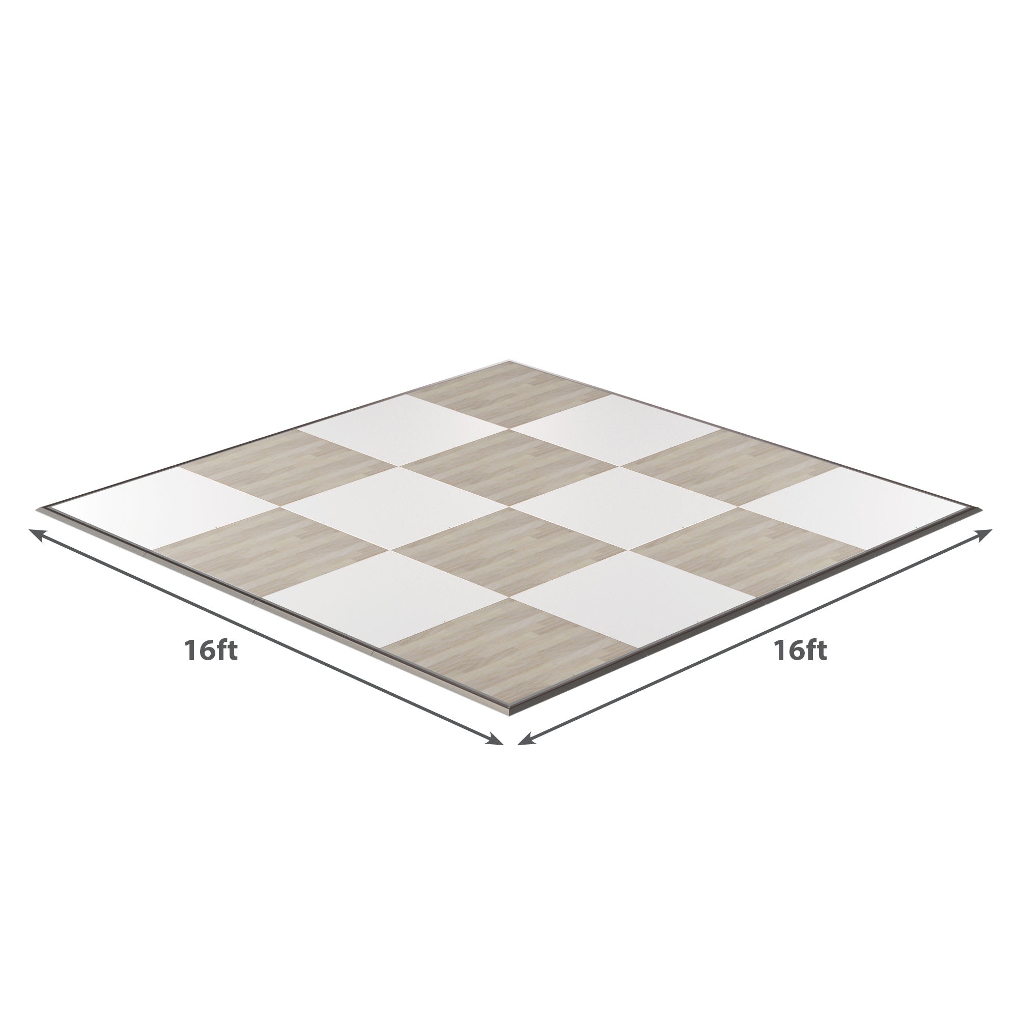 16ft interlocking dance floor tiles, wood and white finish, ideal for events and gatherings.
