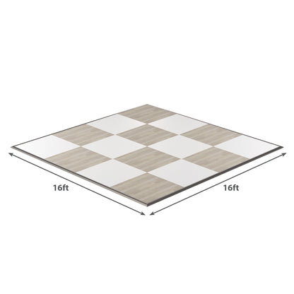 16ft interlocking dance floor tiles, wood and white finish, ideal for events and gatherings.