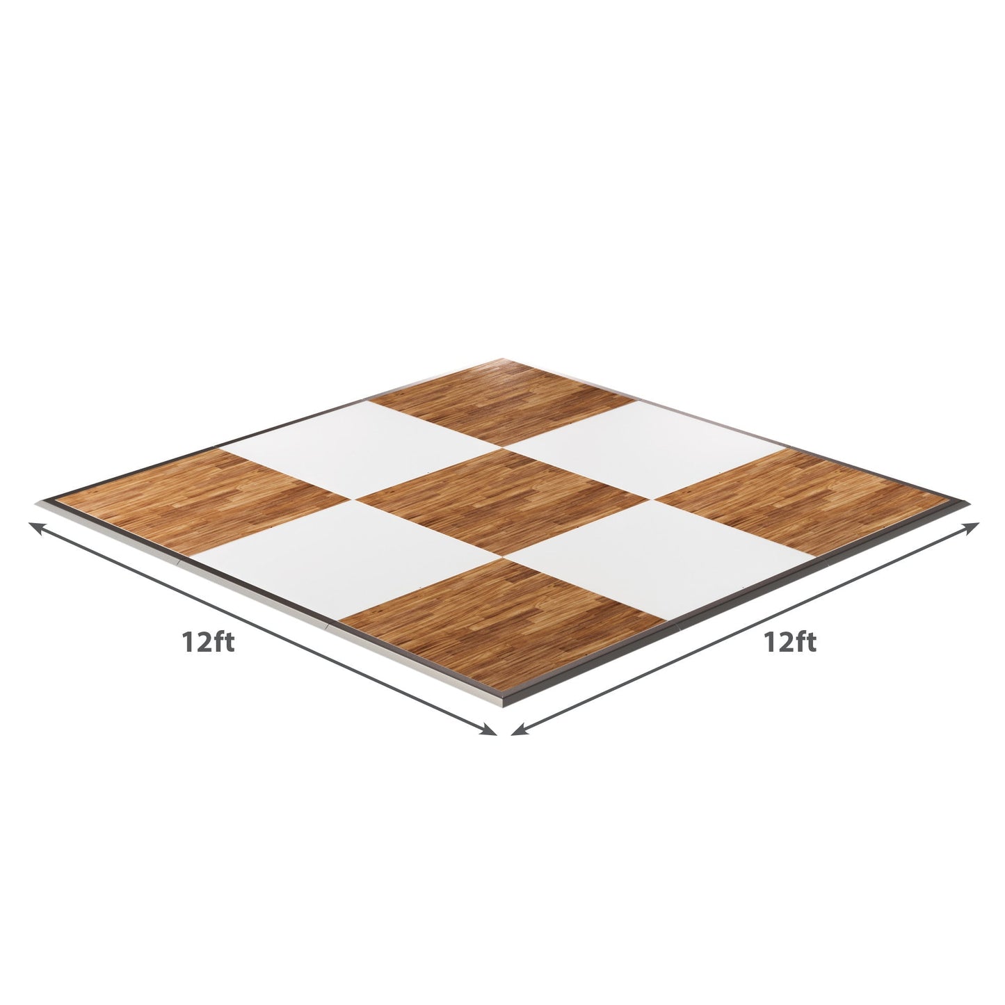 12ft checkerboard floor mat with wooden and white tiles, perfect for games and events.