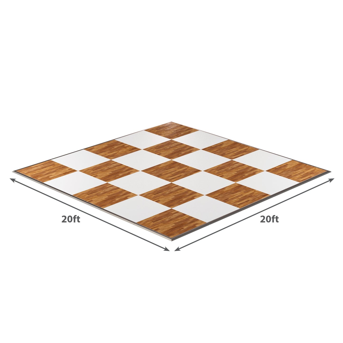 20ft x 20ft wooden checkered dance floor, ideal for events, featuring alternating white and wood finish squares.