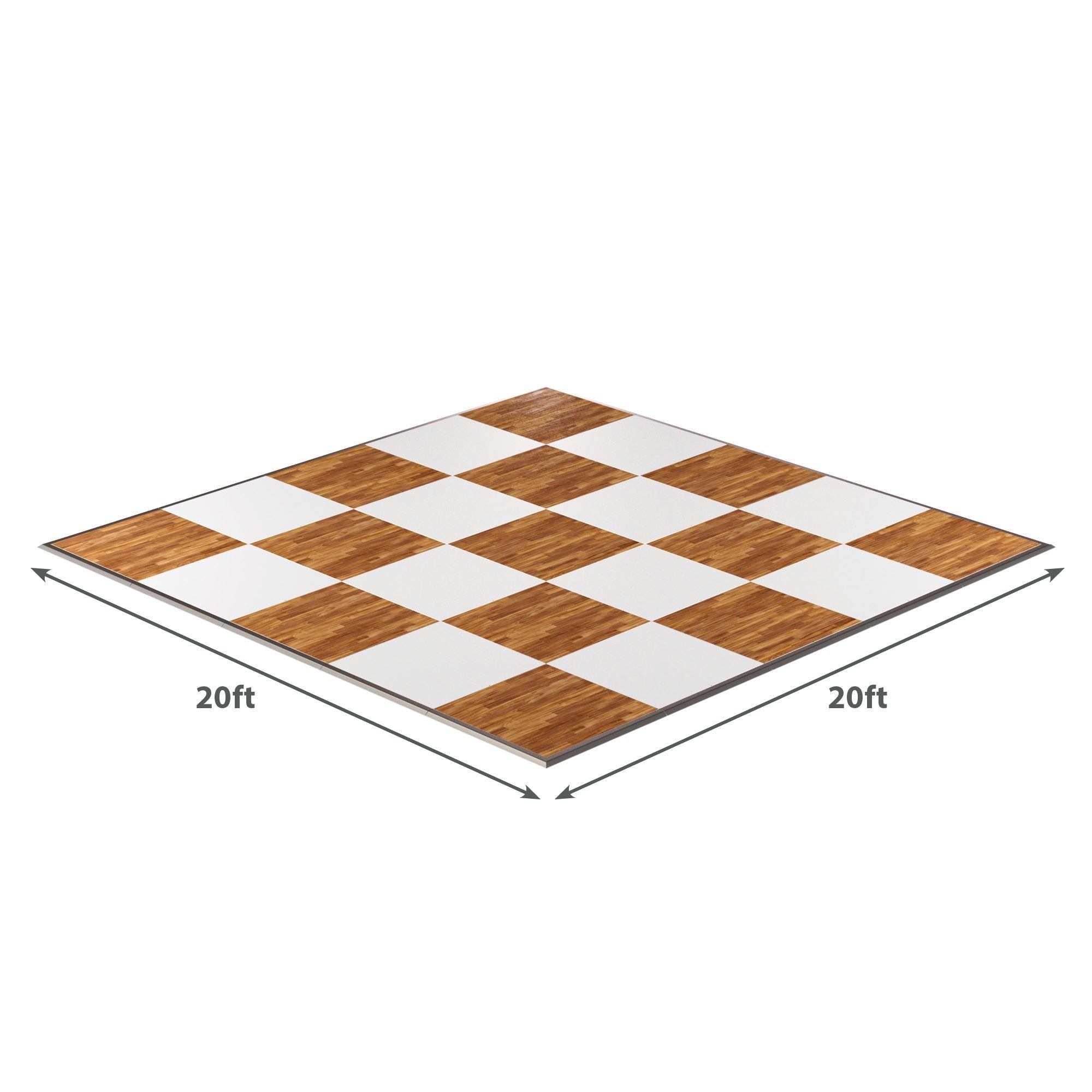 20ft x 20ft wooden checkered dance floor, ideal for events, featuring alternating white and wood finish squares.