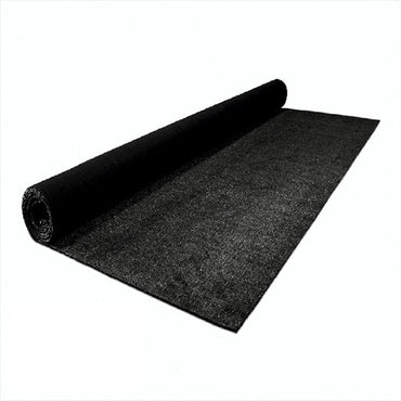 Black outdoor carpet roll, made from durable material, ideal for patios and entryways.