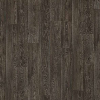 Dark wood laminate flooring with a textured finish, ideal for modern interiors and high durability.
