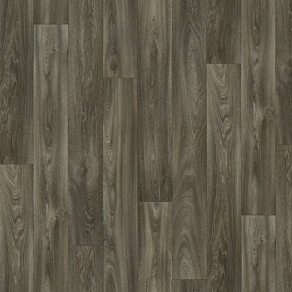 Dark gray wood-look vinyl flooring with realistic grain texture for stylish interior decor.