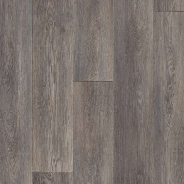 Gray wood-look vinyl flooring with a textured finish, perfect for homes and commercial spaces.