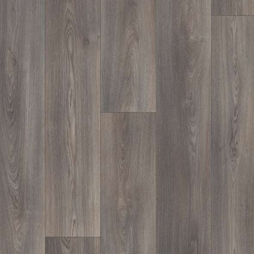 Gray wood-look vinyl flooring with a textured finish, perfect for homes and commercial spaces.