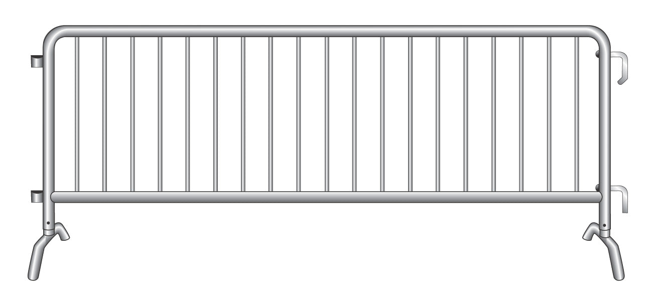 Silver crowd control barrier, sturdy metal construction, ideal for events and crowd management.