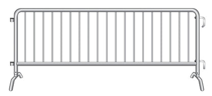 Silver crowd control barrier, sturdy metal construction, ideal for events and crowd management.