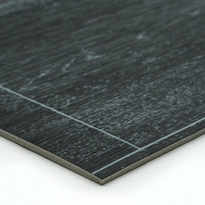 Dark gray laminate flooring with textured wood finish and smooth edge, ideal for modern interiors.