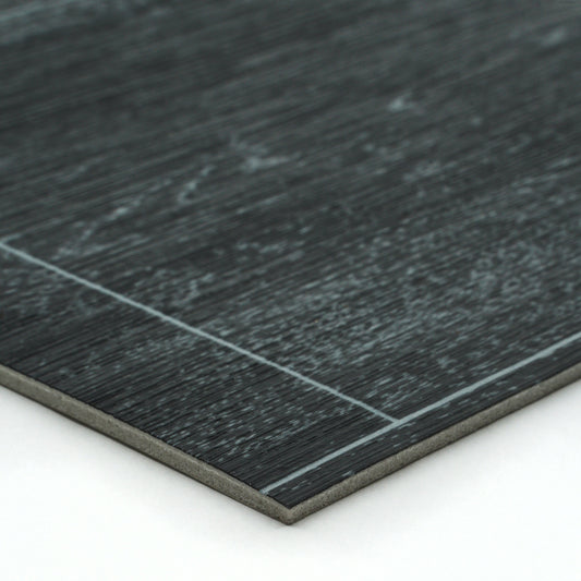 Dark gray laminate flooring with textured wood finish and smooth edge, ideal for modern interiors.