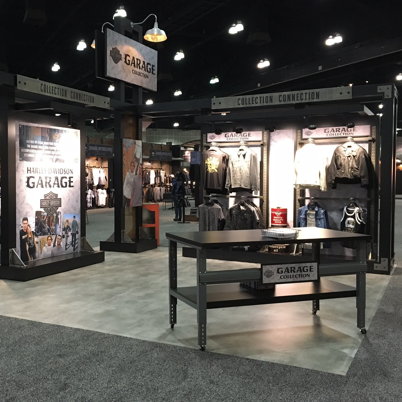 Harley-Davidson Garage Collection display featuring jackets and gear in a stylish retail setup.