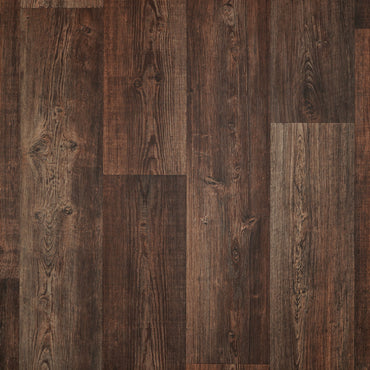 Dark brown wood laminate flooring with a textured, rustic finish.