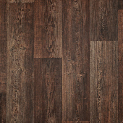 Dark brown wood laminate flooring with a textured, rustic finish.