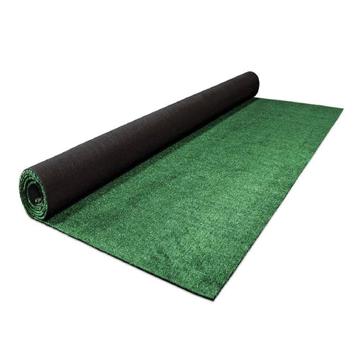 Roll of green artificial turf with black backing, ideal for landscaping and decorative flooring.