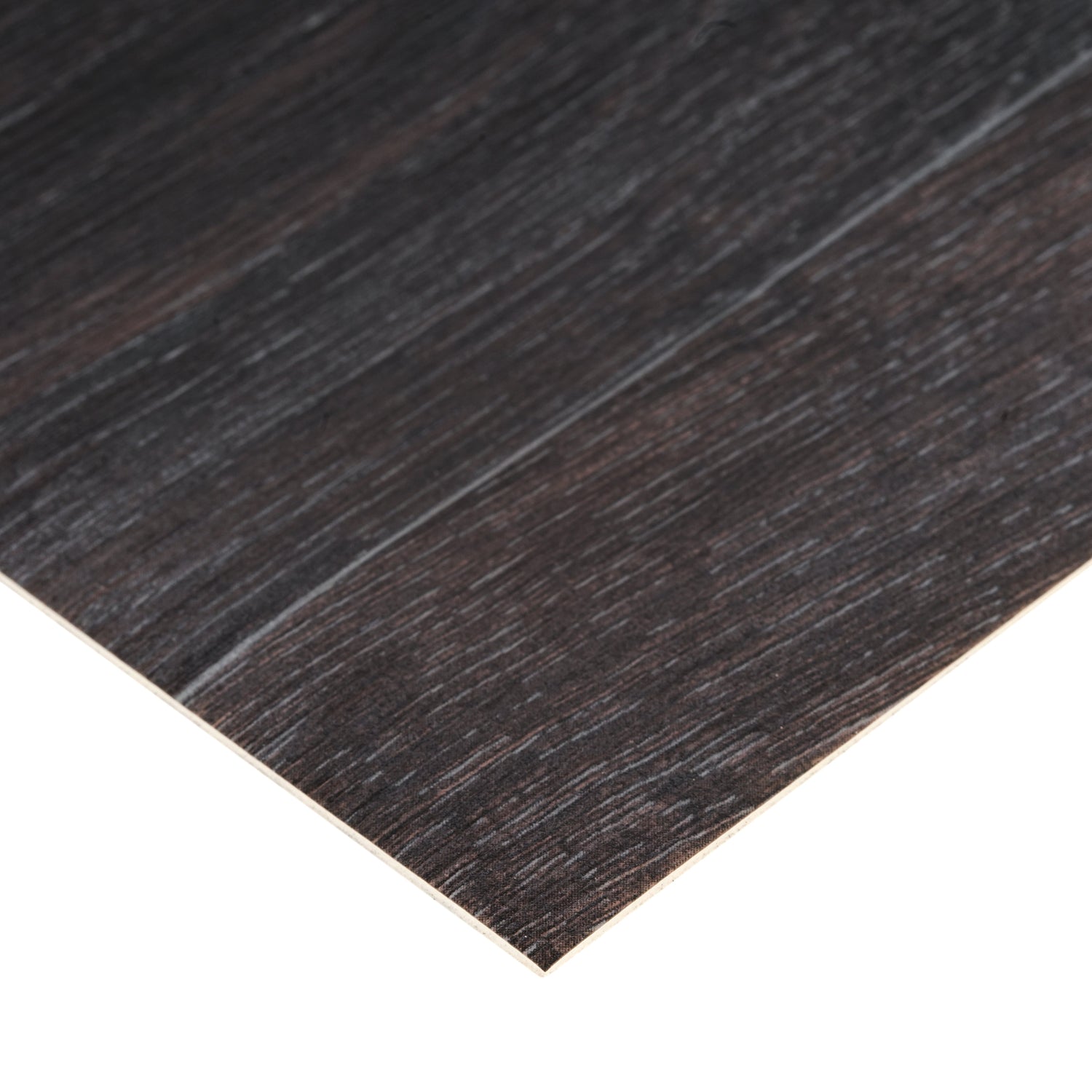 Close-up of dark wood laminate sheet, featuring a textured surface and smooth edges.