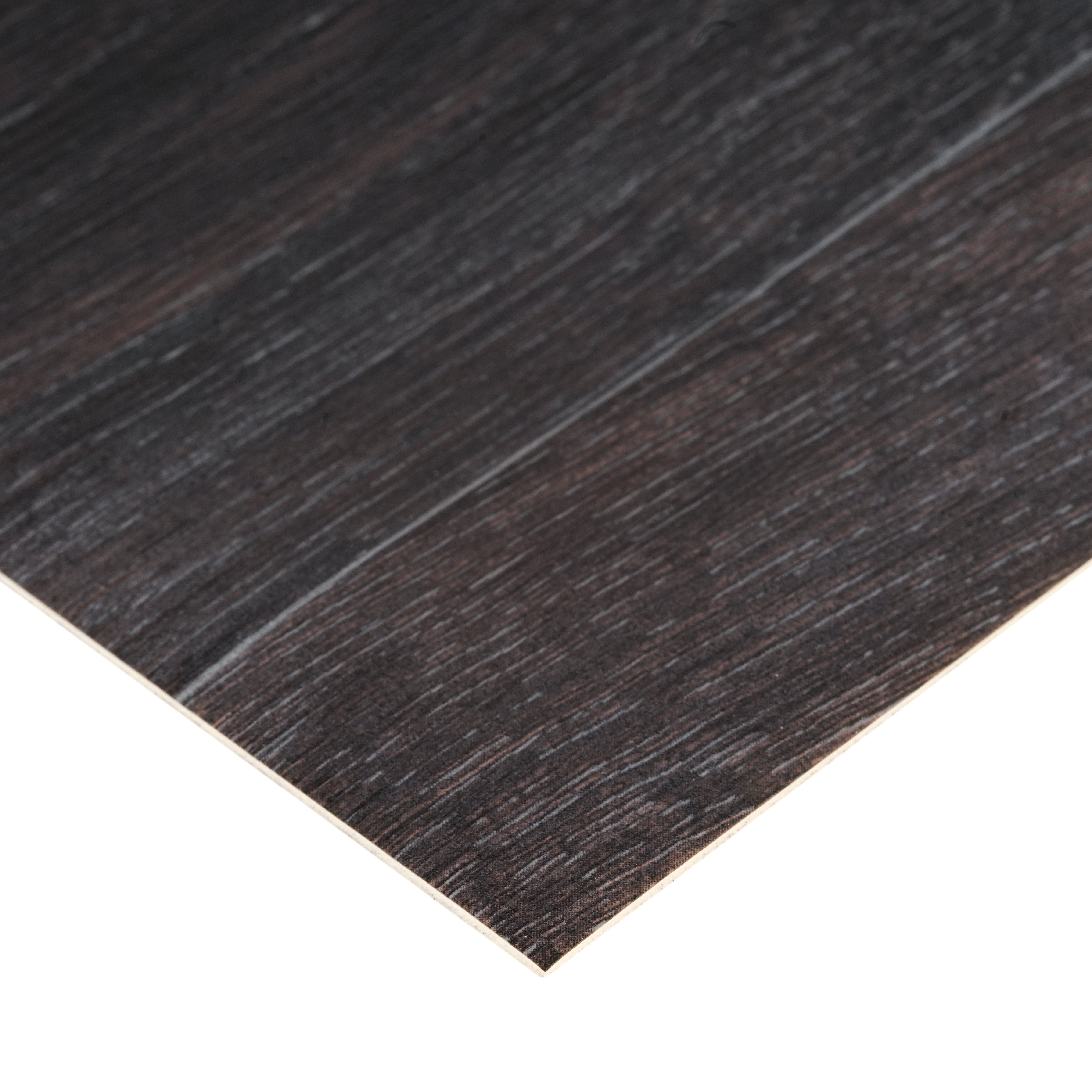 Close-up of dark wood laminate sheet, featuring a textured surface and smooth edges.