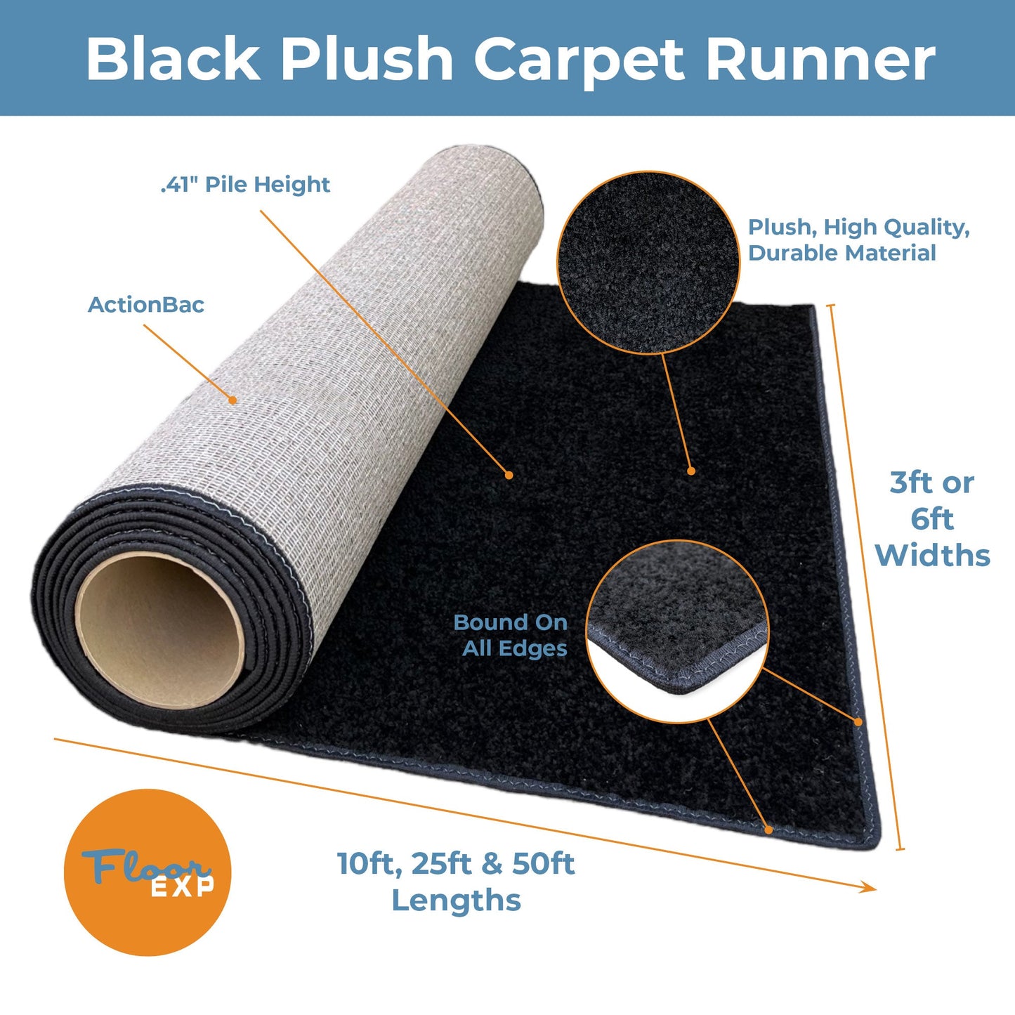 Black plush carpet runner, durable material, 0.41" pile height, available in 3ft & 6ft widths, multiple lengths.