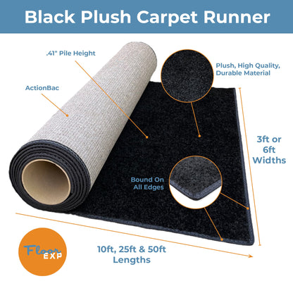 Black plush carpet runner, durable material, 0.41" pile height, available in 3ft & 6ft widths, multiple lengths.