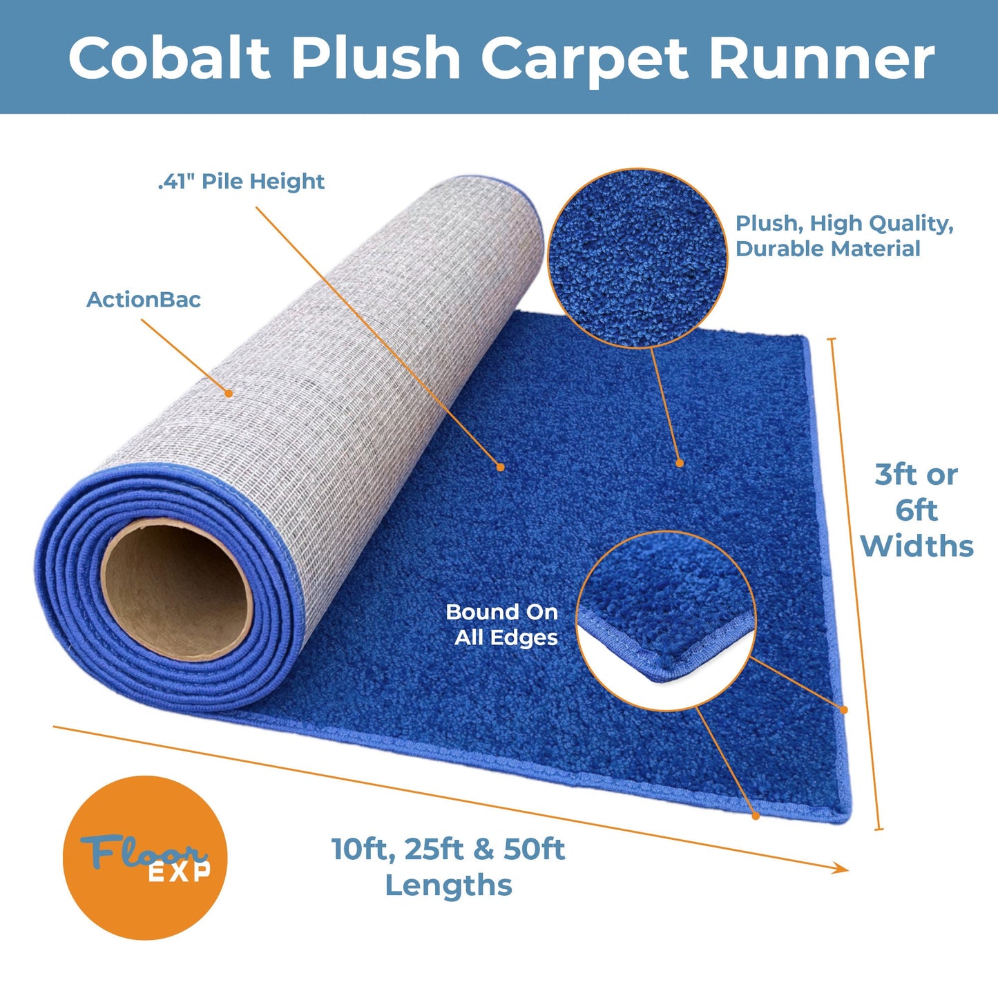 Cobalt plush carpet runner, 0.41" pile height, durable material, available in 3ft, 6ft widths, and various lengths.