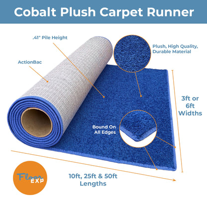 Cobalt plush carpet runner, 0.41" pile height, durable material, available in 3ft, 6ft widths, and various lengths.