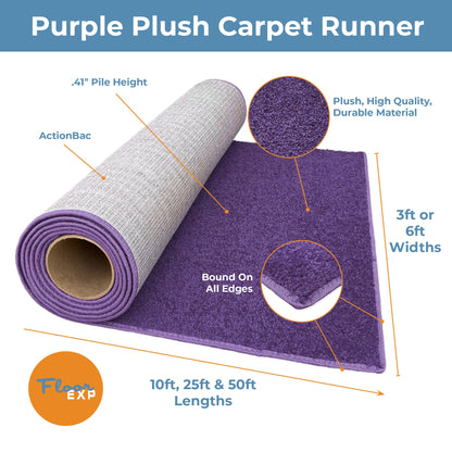 Purple plush carpet runner, 0.41" pile height, durable material, available in 3ft or 6ft widths, multiple lengths.