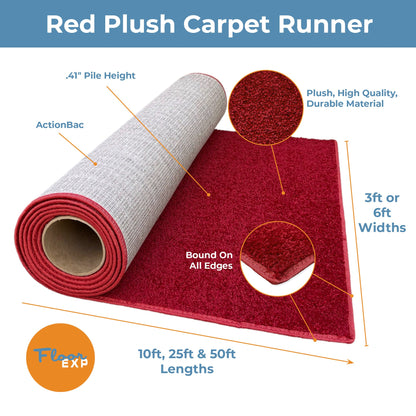 Red plush carpet runner with .41" pile height, available in widths of 3ft or 6ft and lengths of 10ft, 25ft, 50ft.