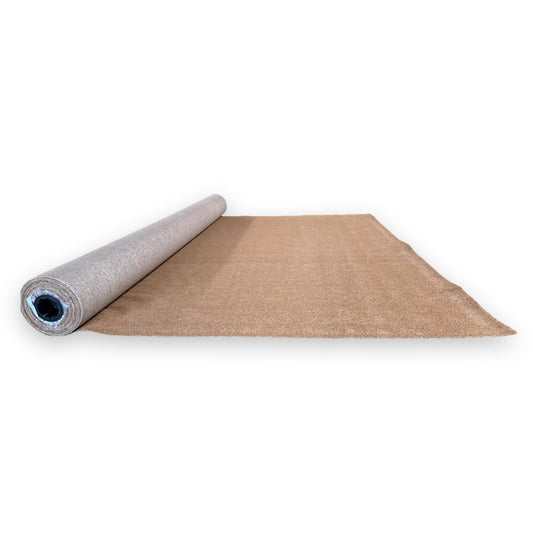 Roll of beige synthetic carpet mat for indoor and outdoor use, durable and easy to clean.