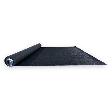 Black outdoor carpet roll, durable synthetic material, ideal for patios and decks.