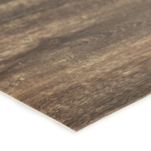 Wooden vinyl flooring in a rich brown color, featuring a natural wood grain texture and durable design.