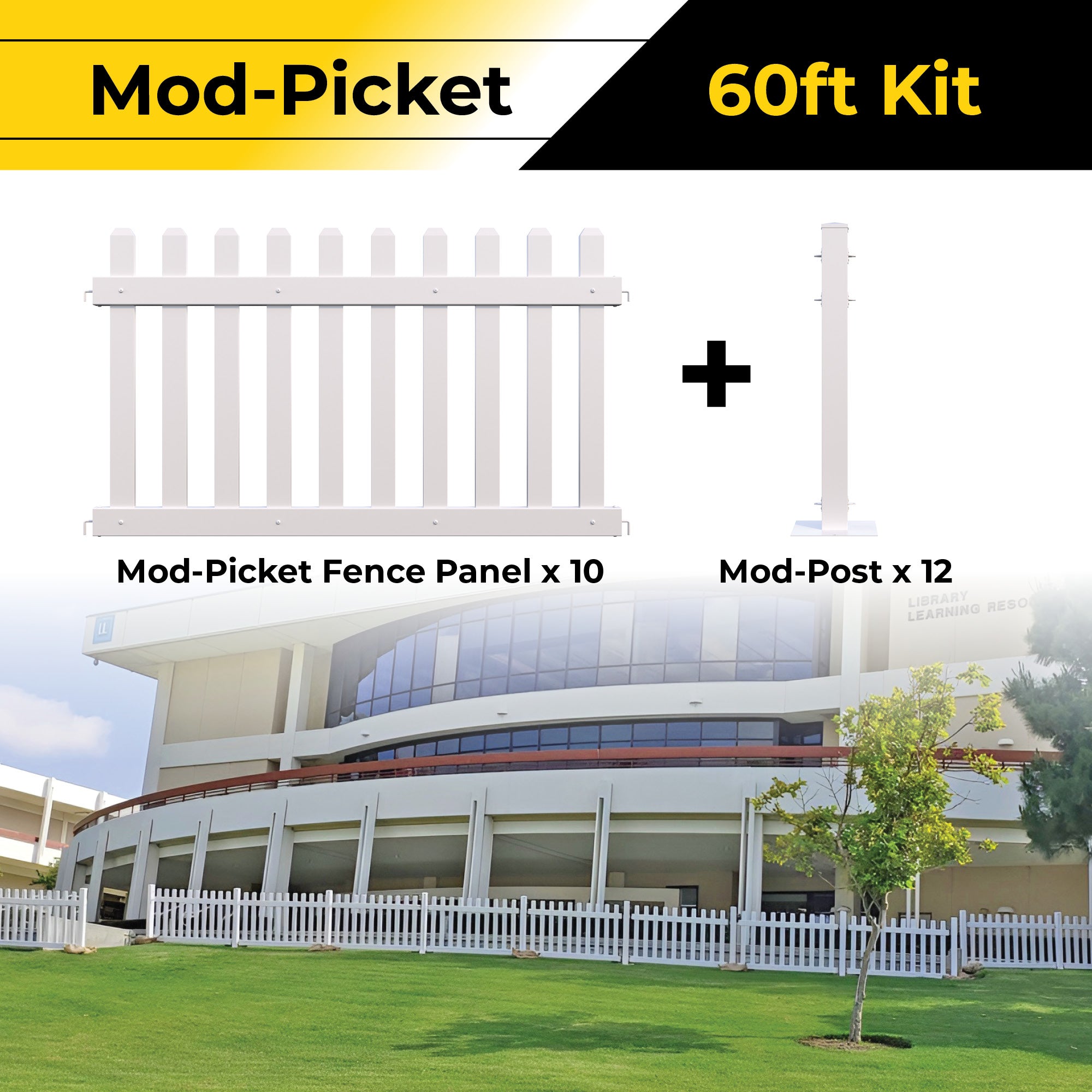 Mod-Picket 60ft kit with 10 white fence panels and 12 posts for stylish outdoor fencing.