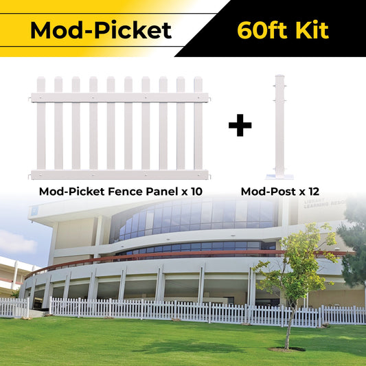 Mod-Picket 60ft kit with 10 white fence panels and 12 posts for stylish outdoor fencing.