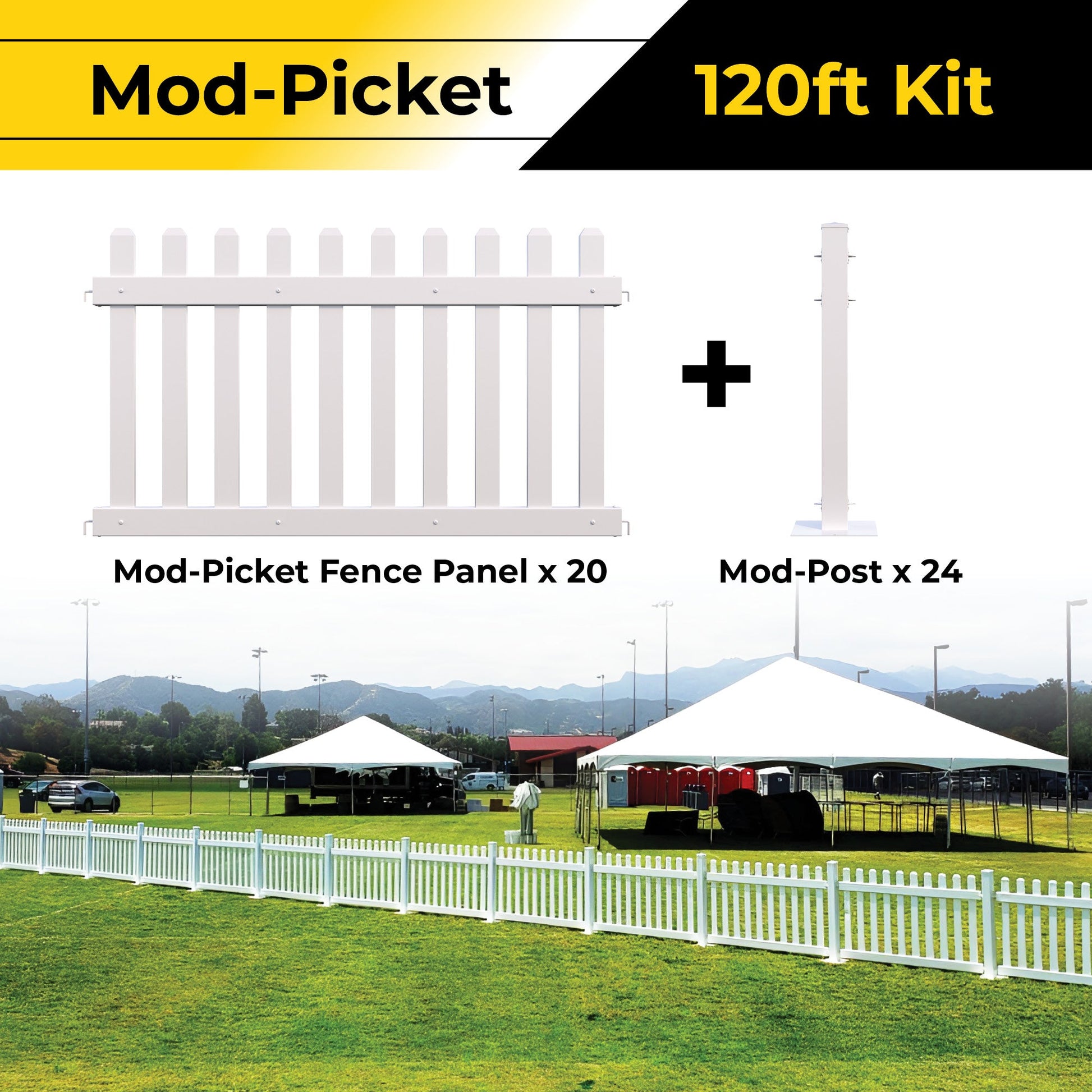 Mod-Picket 120ft fencing kit with 20 white fence panels and 24 posts for outdoor use.
