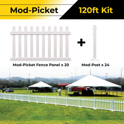 Mod-Picket 120ft fencing kit with 20 white fence panels and 24 posts for outdoor use.
