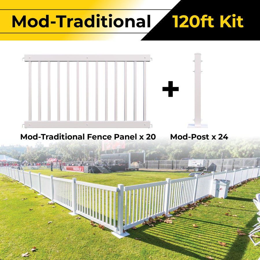 Mod-Traditional 120ft fence kit with 20 panels and 24 posts, ideal for outdoor events, durable white material.