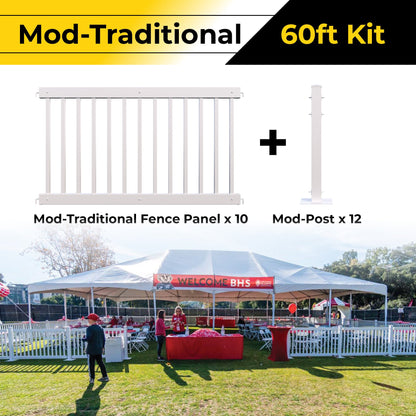 60ft Mod-Traditional fencing kit with 10 white fence panels and 12 posts for outdoor events.