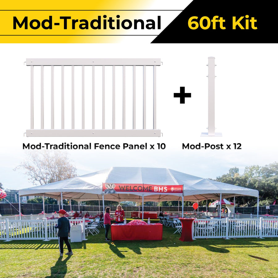 60ft Mod-Traditional fencing kit with 10 white fence panels and 12 posts for outdoor events.