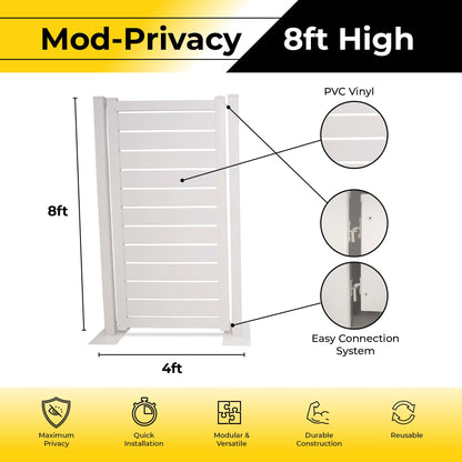 Mod-Privacy fence panel, 8ft high, 4ft wide, durable PVC vinyl, easy connection for maximum privacy.