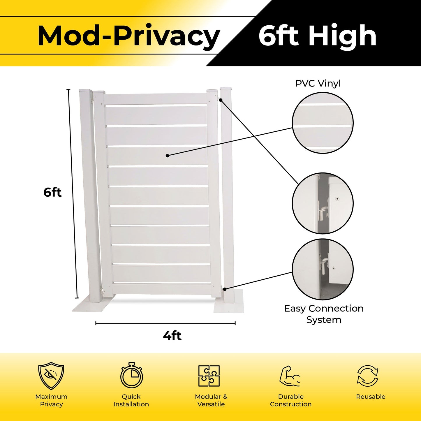 White 6ft high PVC vinyl privacy fence panel with easy connection system, modular, and reusable design.