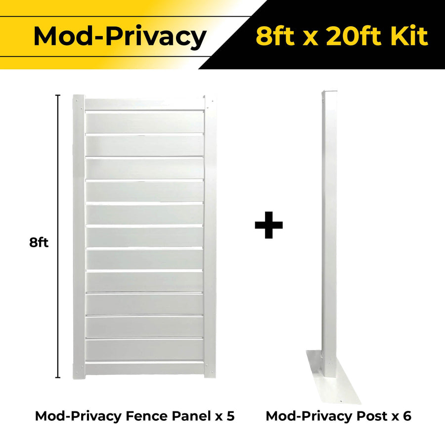 Mod-Privacy 8ft x 20ft fencing kit, includes 5 white panels and 6 posts for enhanced outdoor privacy.