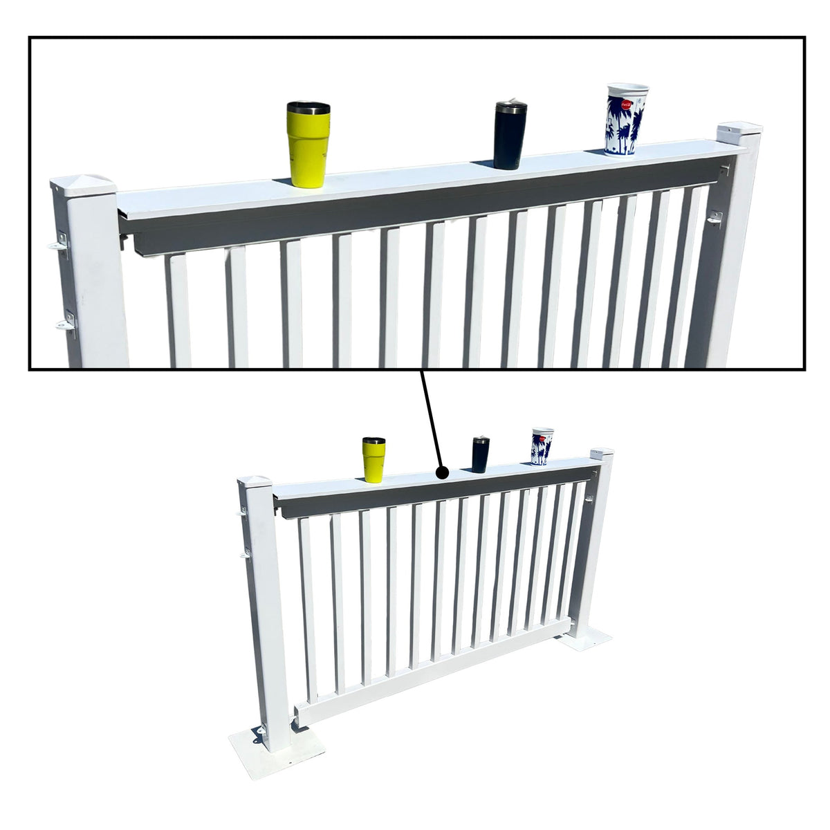 White aluminum railing with drinks on top, perfect for outdoor spaces and durable construction.