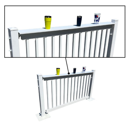 White aluminum railing with drinks on top, perfect for outdoor spaces and durable construction.